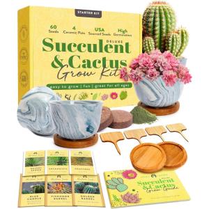 imageSucculent ampamp Cactus Grow Kit  Complete Plant Gift Set with 4 Ceramic Pots ampamp Trays 6 Seed Packs 3 Cactus 3 Succulent Plant Markers Peat Pellets Nutrients ampamp Guide  Ideal Holiday ampamp Birthday Gift