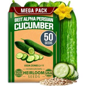 imageHOME GROWN   Persian Cucumber Seeds  50 Heirloom NonGMO HighYielding Beit Alpha Variety  Fast Growing Sweet Tender Skin Home Vegetable Garden Seeds Cucumis sativus