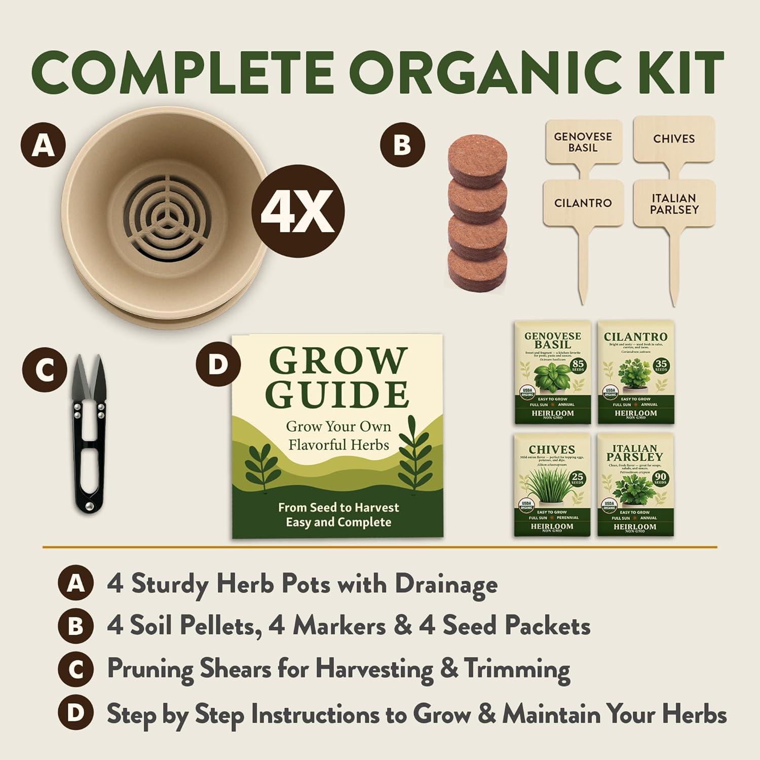 imageHOME GROWN Organic Herb Garden Kit  4 Herb Seeds Soil Pots Tools ampamp Grow Guide  Grow Basil Parsley Cilantro ampamp Thyme Indoors  USDA Organic NonGMO Ideal Gift for Christmas ampamp Thanksgiving