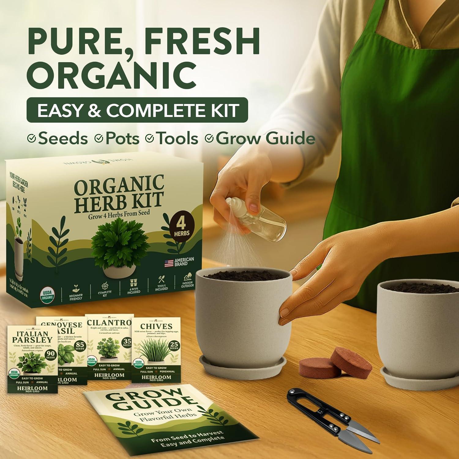 imageHOME GROWN Organic Herb Garden Kit  4 Herb Seeds Soil Pots Tools ampamp Grow Guide  Grow Basil Parsley Cilantro ampamp Thyme Indoors  USDA Organic NonGMO Ideal Gift for Christmas ampamp Thanksgiving