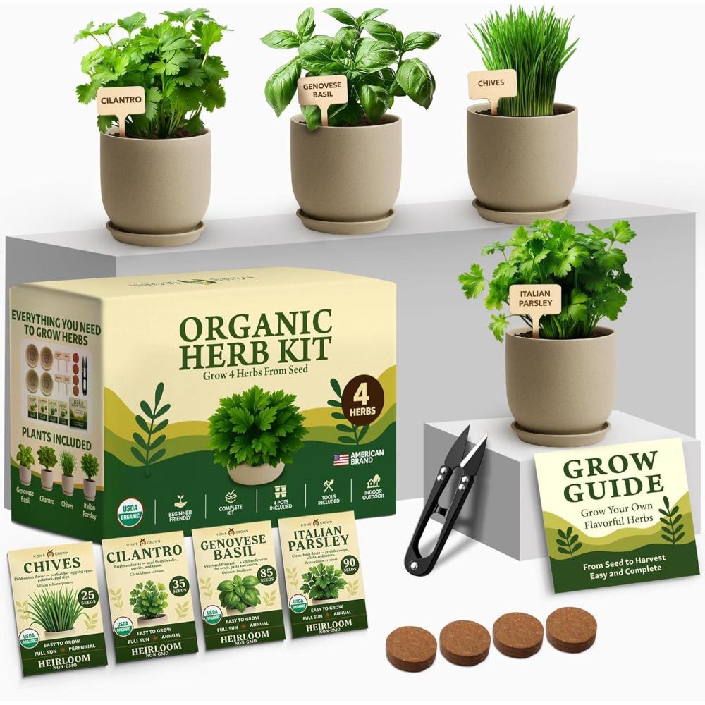 imageHOME GROWN Organic Herb Garden Kit  4 Herb Seeds Soil Pots Tools ampamp Grow Guide  Grow Basil Parsley Cilantro ampamp Thyme Indoors  USDA Organic NonGMO Ideal Gift for Christmas ampamp Thanksgiving