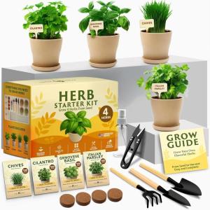 imageHOME GROWN Herb Seed Kit  Includes 4 Heirloom Herb Seeds Packets Pots ampamp Organic Soil  Easy Indoor NonGMO Gardening Gift Set for Beginners  Great Gift for Christmas and Other Holidays