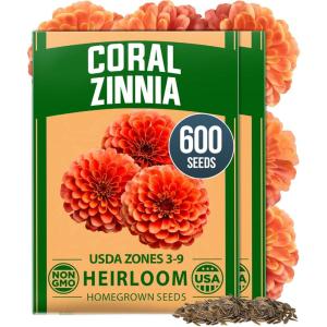 imageHOME GROWN Coral Zinnia Seeds 1g  600 Zinnia elegans Annual Flower Seeds for Planting Outdoors  Heat Tolerant Easy Summer Flowers to Plant  Herb Seed Companion for Pollinator Garden Beds for 2026Zinnia Coral 2pk